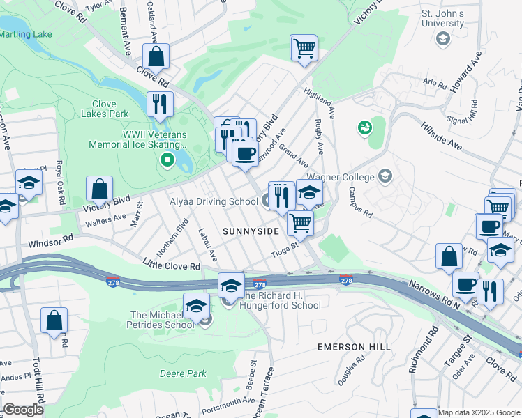 map of restaurants, bars, coffee shops, grocery stores, and more near 1372 Clove Road in Staten Island