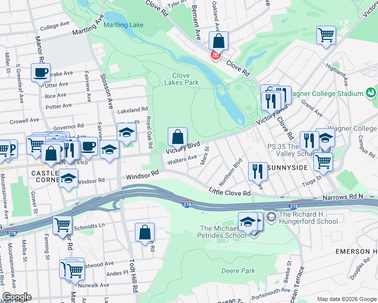 map of restaurants, bars, coffee shops, grocery stores, and more near 1408 Victory Boulevard in Staten Island