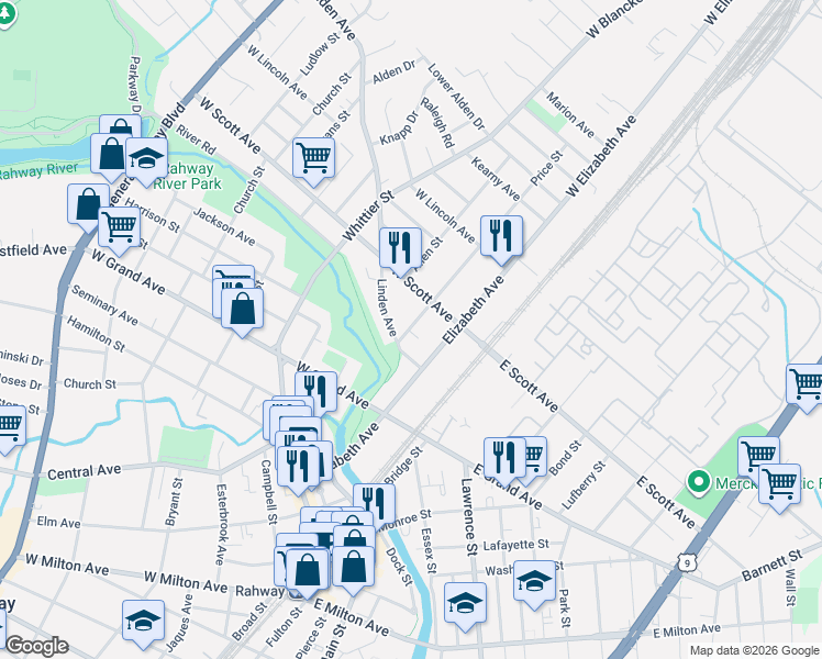 map of restaurants, bars, coffee shops, grocery stores, and more near 1950 Price Street in Rahway