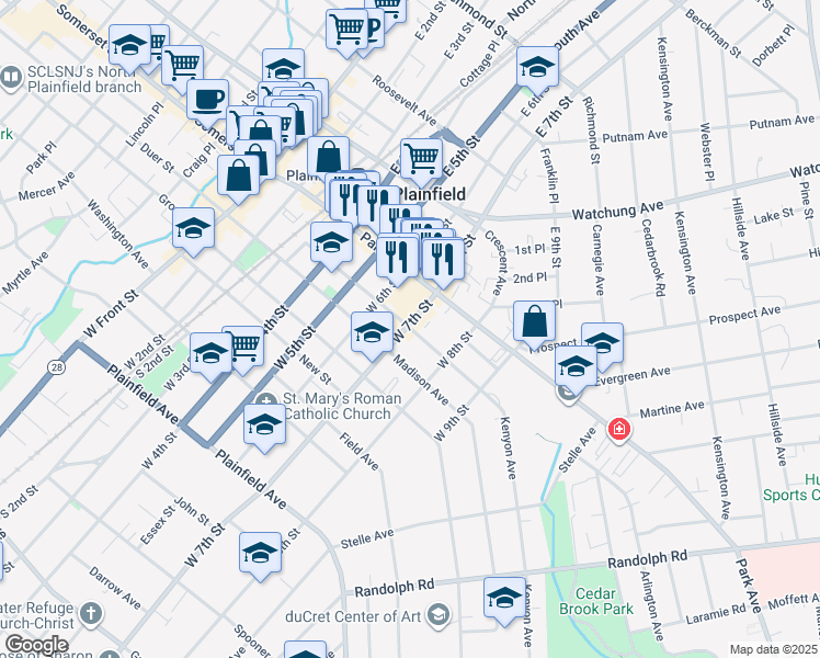 map of restaurants, bars, coffee shops, grocery stores, and more near 117 West 7th Street in Plainfield