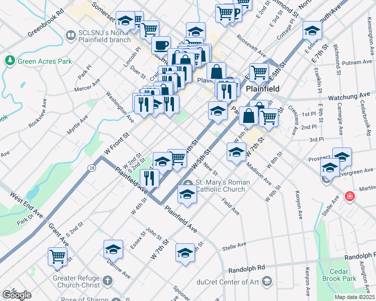 map of restaurants, bars, coffee shops, grocery stores, and more near in Plainfield