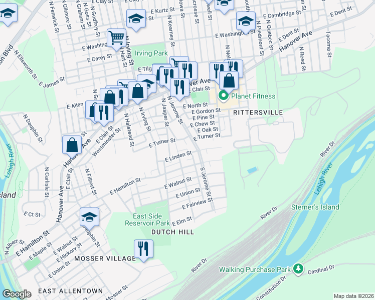 map of restaurants, bars, coffee shops, grocery stores, and more near 948 East Turner Street in Allentown