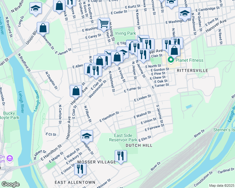 map of restaurants, bars, coffee shops, grocery stores, and more near 731-749 East Turner Street in Allentown