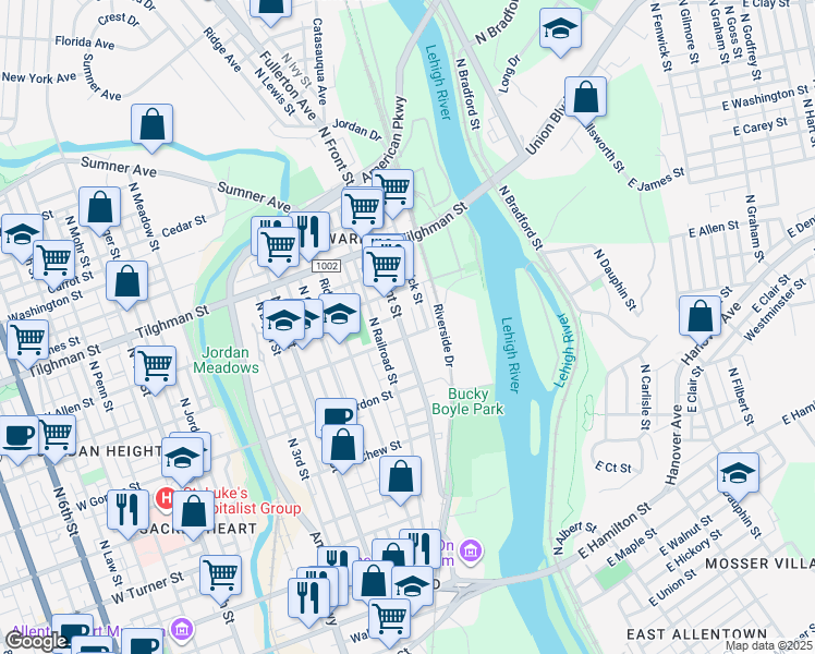 map of restaurants, bars, coffee shops, grocery stores, and more near 509 North Front Street in Allentown