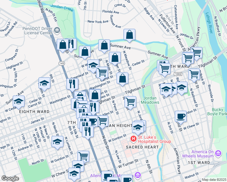 map of restaurants, bars, coffee shops, grocery stores, and more near 416 West Green Street in Allentown