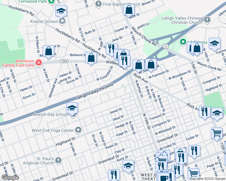 map of restaurants, bars, coffee shops, grocery stores, and more near 1252 Saint Michael Street in Allentown