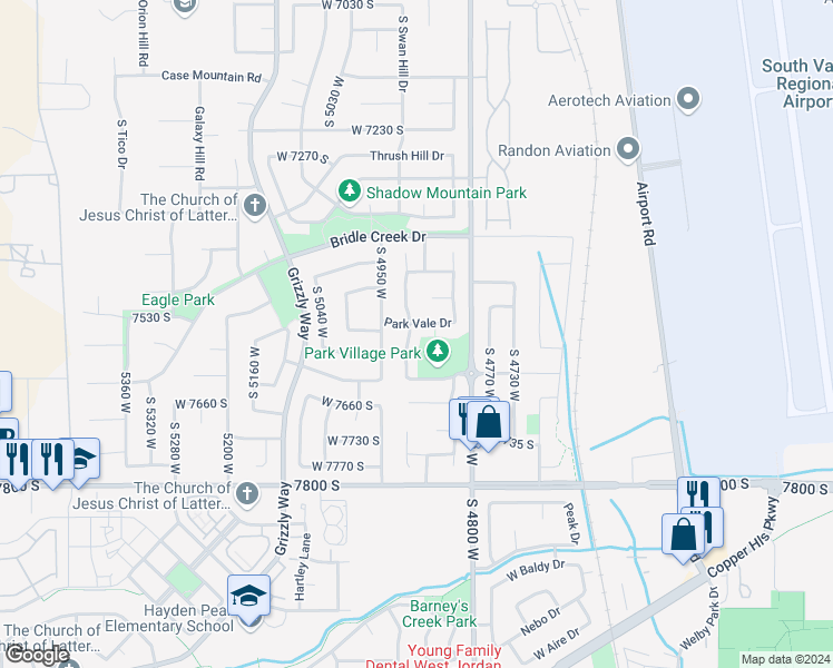 map of restaurants, bars, coffee shops, grocery stores, and more near 7553 Park Village Drive in West Jordan