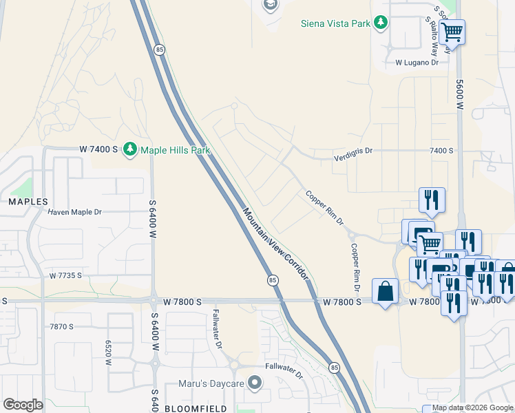 map of restaurants, bars, coffee shops, grocery stores, and more near 7547 South Travertine Road in West Jordan