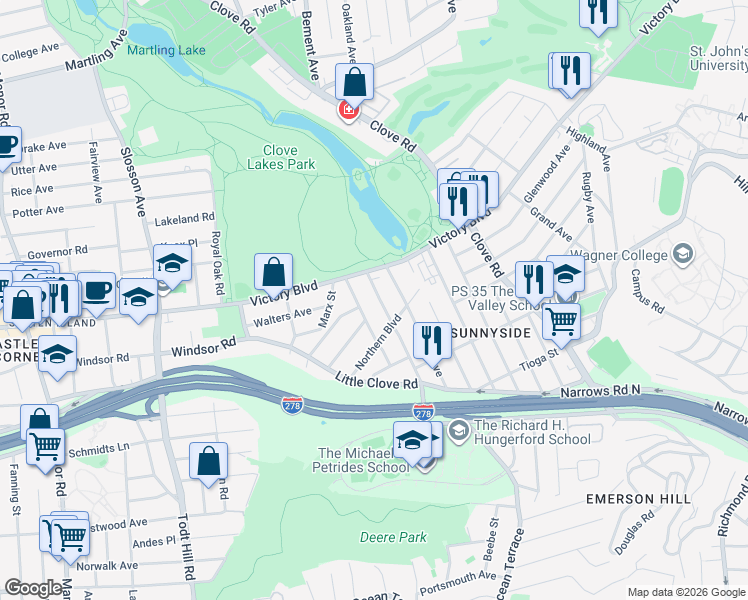 map of restaurants, bars, coffee shops, grocery stores, and more near 34 Renwick Avenue in Staten Island