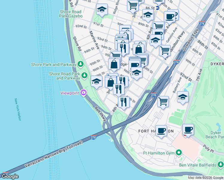 map of restaurants, bars, coffee shops, grocery stores, and more near 9902 3rd Avenue in Brooklyn