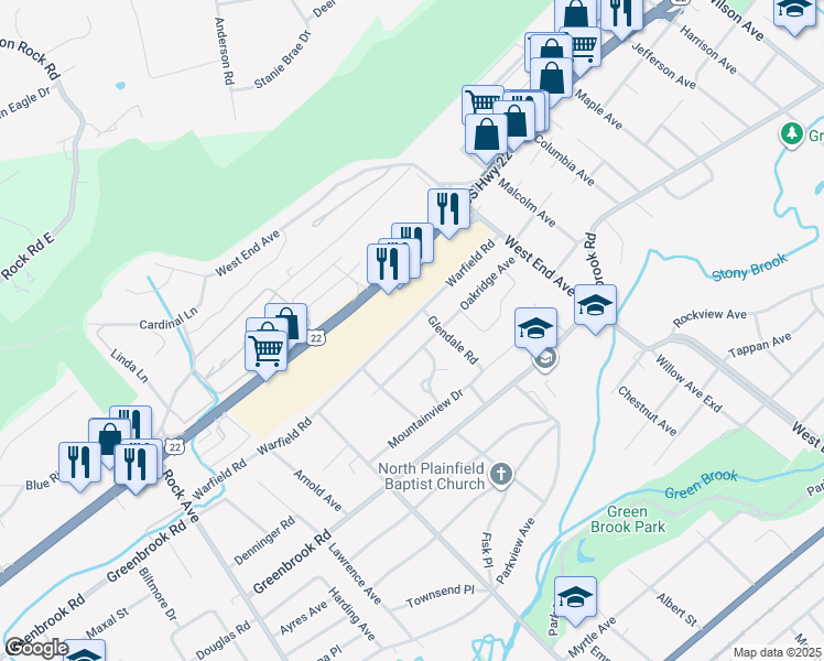 map of restaurants, bars, coffee shops, grocery stores, and more near 521 Warfield Rd in North Plainfield