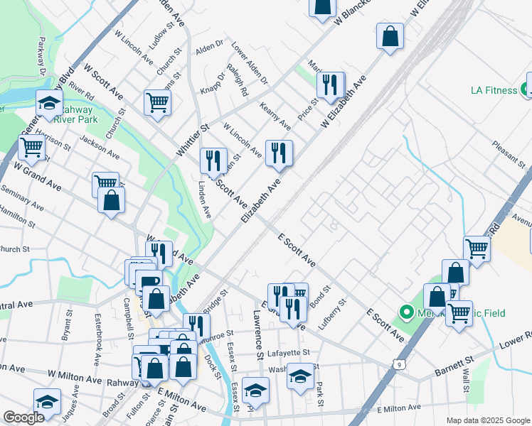 map of restaurants, bars, coffee shops, grocery stores, and more near 39 West Scott Avenue in Rahway