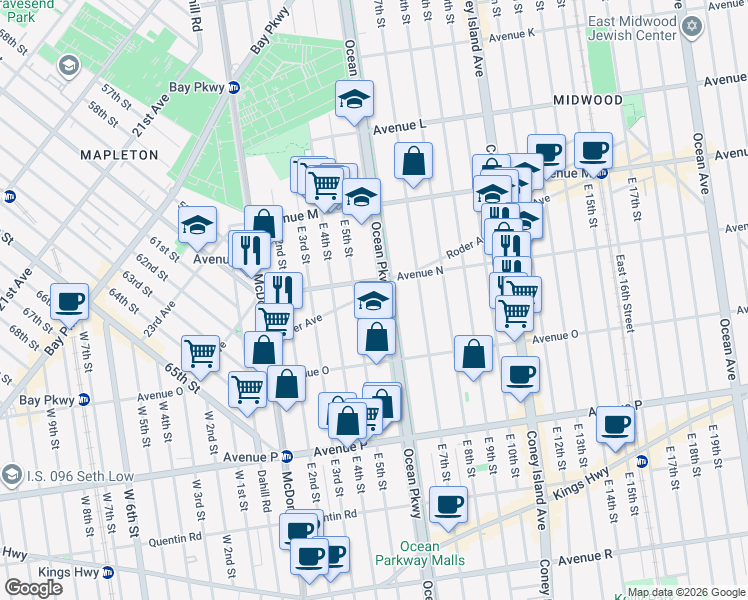 map of restaurants, bars, coffee shops, grocery stores, and more near 512 Ryder Avenue in Brooklyn