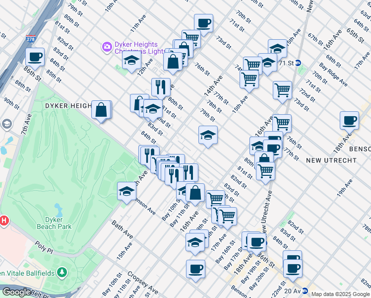 map of restaurants, bars, coffee shops, grocery stores, and more near 1447 83rd Street in Brooklyn