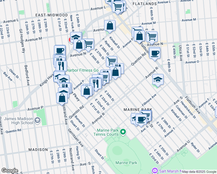 map of restaurants, bars, coffee shops, grocery stores, and more near 3415 Quentin Road in Brooklyn
