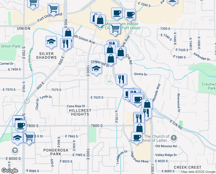 map of restaurants, bars, coffee shops, grocery stores, and more near 1091 East 7575 South in Midvale