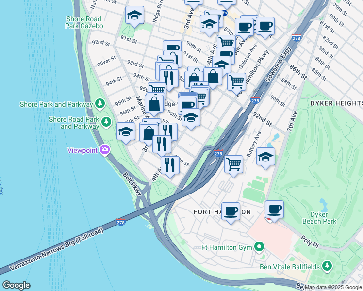 map of restaurants, bars, coffee shops, grocery stores, and more near 401 Marine Avenue in Brooklyn