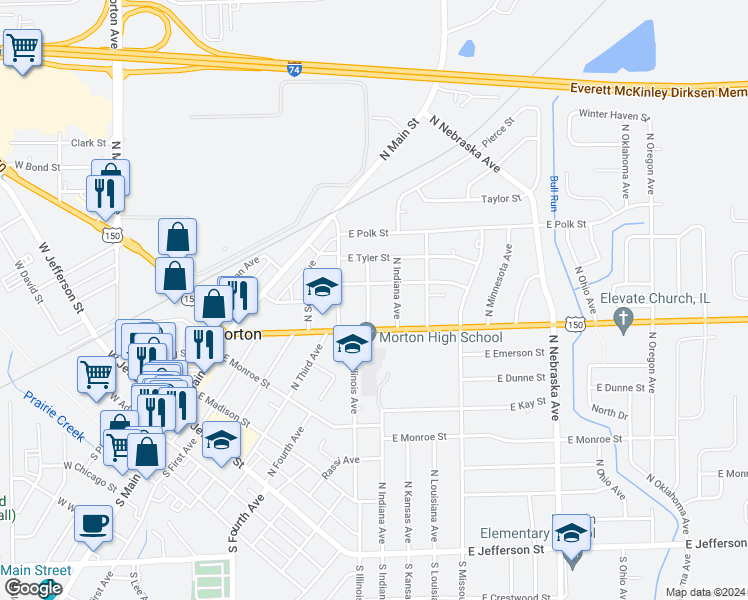 map of restaurants, bars, coffee shops, grocery stores, and more near 424 North Illinois Avenue in Morton