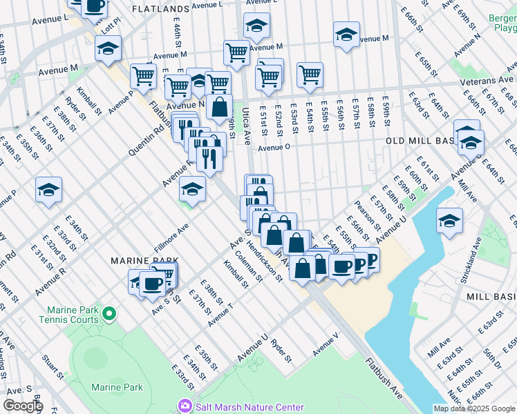 map of restaurants, bars, coffee shops, grocery stores, and more near 23-43 Utica Avenue in Brooklyn
