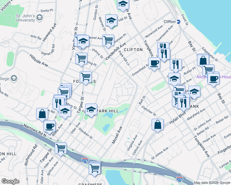 map of restaurants, bars, coffee shops, grocery stores, and more near 91 Long Pond Lane in Staten Island