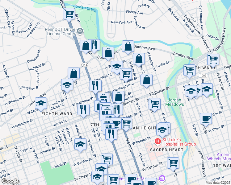 map of restaurants, bars, coffee shops, grocery stores, and more near 532-534 Washington Street in Allentown