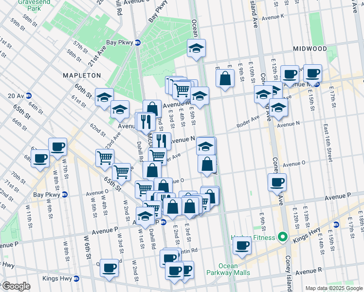 map of restaurants, bars, coffee shops, grocery stores, and more near 1498 East 4th Street in Brooklyn