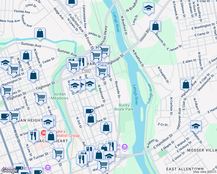 map of restaurants, bars, coffee shops, grocery stores, and more near 509 North Front Street in Allentown