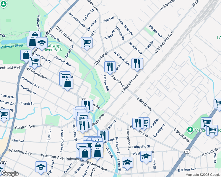 map of restaurants, bars, coffee shops, grocery stores, and more near 1950 Price Street in Rahway