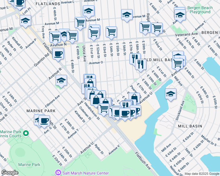 map of restaurants, bars, coffee shops, grocery stores, and more near 1821 East 53rd Street in Brooklyn