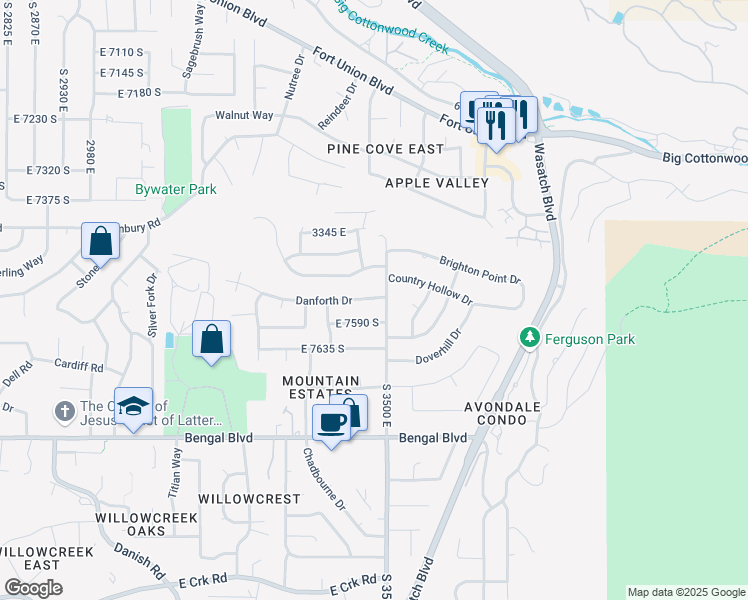 map of restaurants, bars, coffee shops, grocery stores, and more near 3480 East 7550 South in Cottonwood Heights