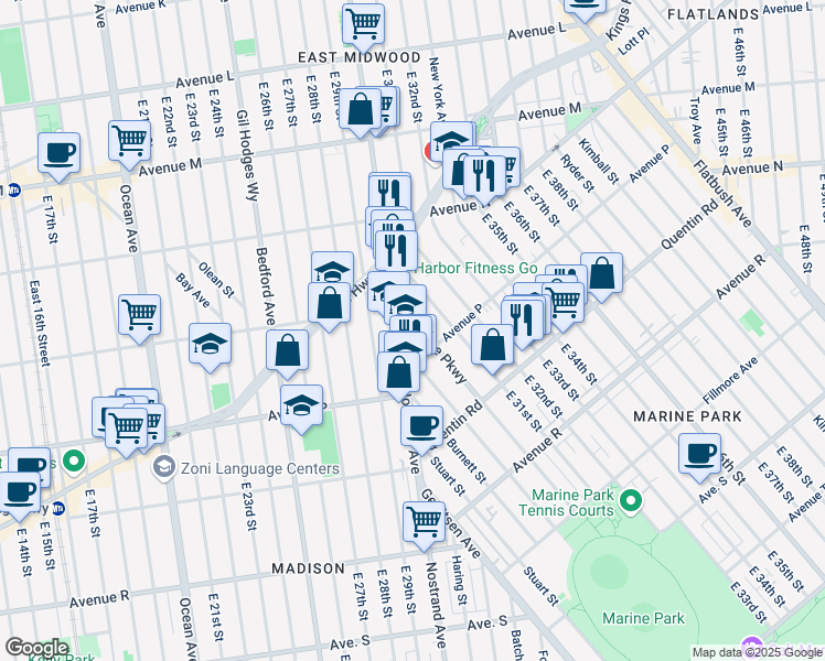 map of restaurants, bars, coffee shops, grocery stores, and more near 1552 Marine Parkway in Brooklyn