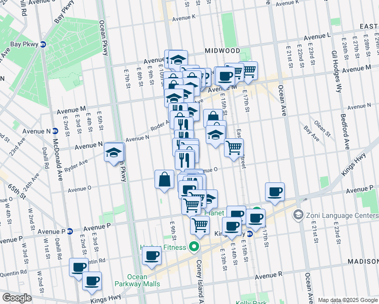 map of restaurants, bars, coffee shops, grocery stores, and more near 1781 Coney Island Avenue in Brooklyn