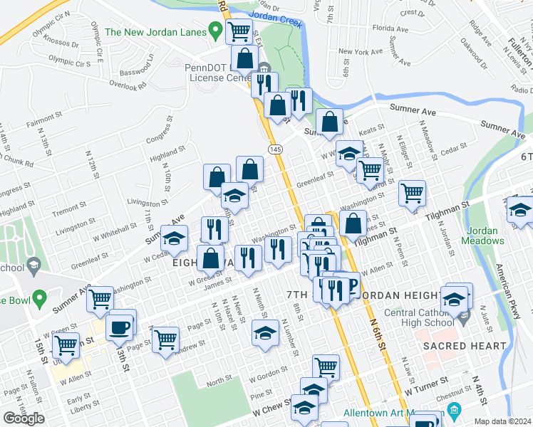map of restaurants, bars, coffee shops, grocery stores, and more near 755 Cedar Street in Allentown