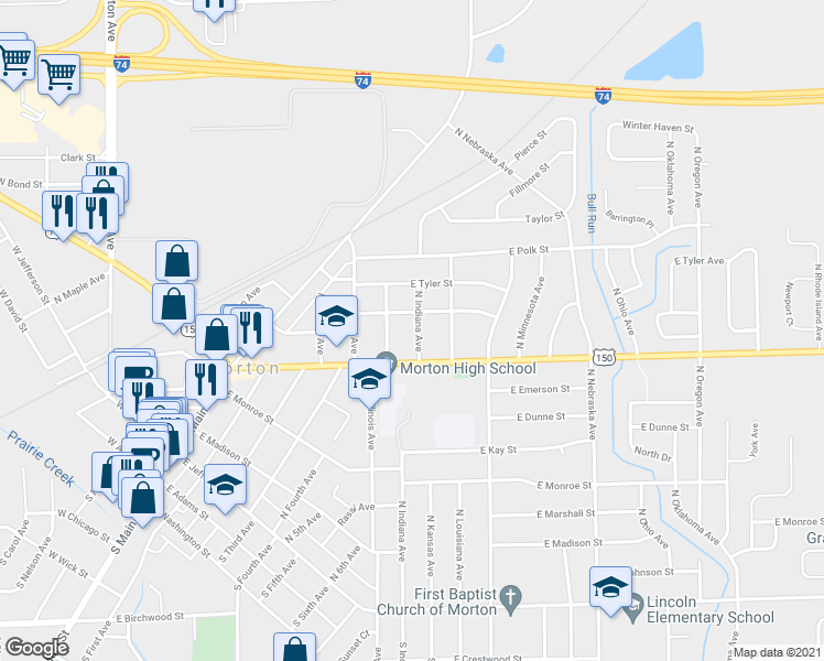 map of restaurants, bars, coffee shops, grocery stores, and more near 425 North Indiana Avenue in Morton