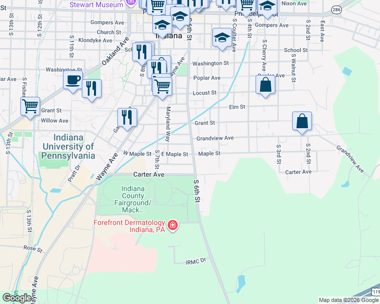 map of restaurants, bars, coffee shops, grocery stores, and more near 598 South 6th Street in Indiana