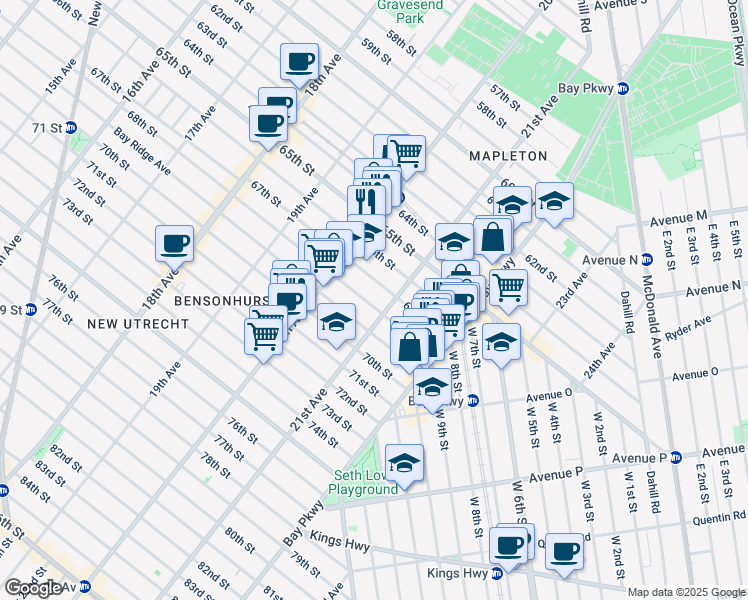 map of restaurants, bars, coffee shops, grocery stores, and more near 2069 68th Street in Brooklyn