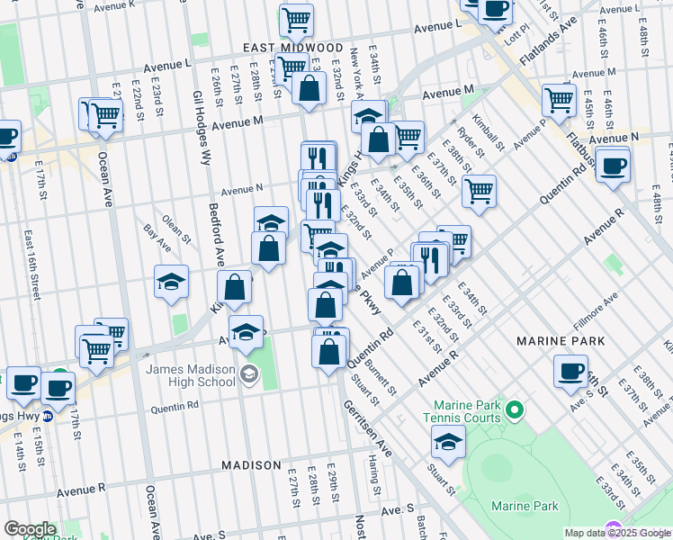 map of restaurants, bars, coffee shops, grocery stores, and more near 1552 Marine Parkway in Brooklyn