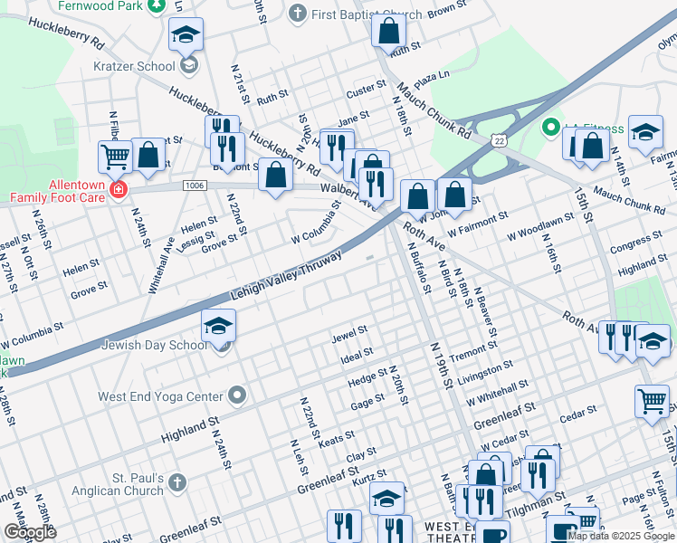 map of restaurants, bars, coffee shops, grocery stores, and more near 2023 West Fairmont Street in Allentown