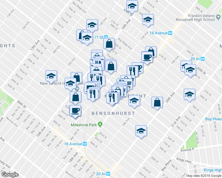 map of restaurants, bars, coffee shops, grocery stores, and more near 1729 76th Street in Brooklyn