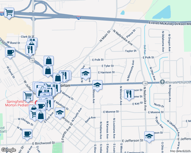 map of restaurants, bars, coffee shops, grocery stores, and more near 425 North Illinois Avenue in Morton