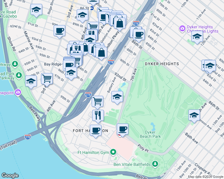 map of restaurants, bars, coffee shops, grocery stores, and more near 215 Battery Avenue in Brooklyn