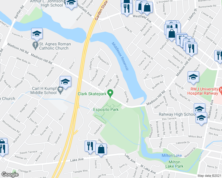 map of restaurants, bars, coffee shops, grocery stores, and more near 20 Winthrop Road in Clark