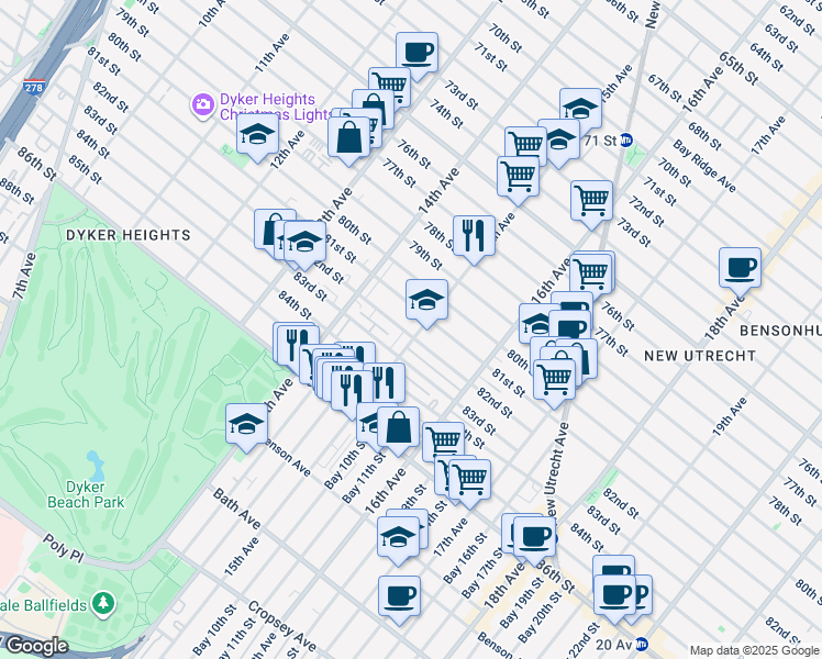 map of restaurants, bars, coffee shops, grocery stores, and more near 8112 15th Avenue in Brooklyn