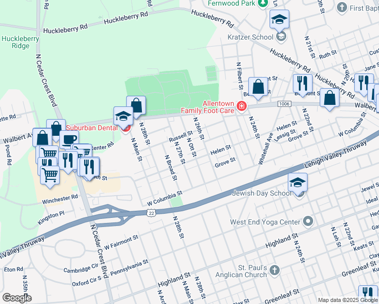 map of restaurants, bars, coffee shops, grocery stores, and more near 1516 North Ott Street in Allentown