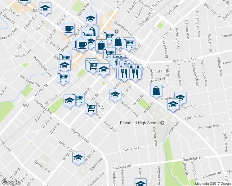 map of restaurants, bars, coffee shops, grocery stores, and more near 607 Madison Avenue in Plainfield