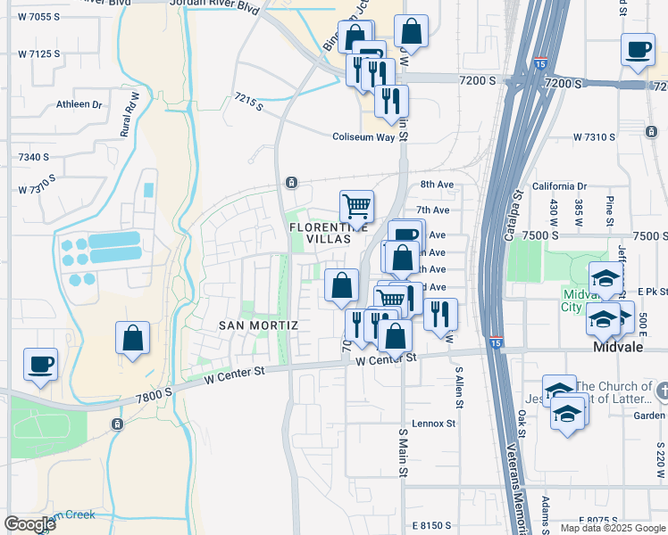 map of restaurants, bars, coffee shops, grocery stores, and more near 7534 Russi Place in Midvale