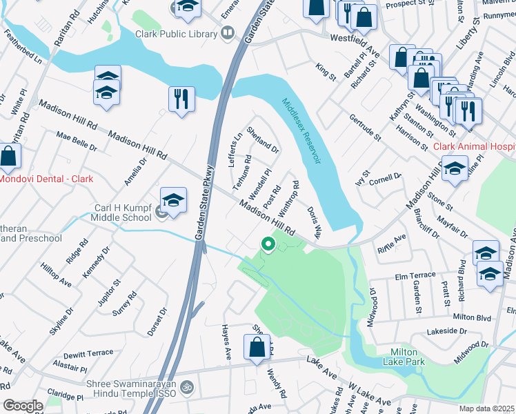 map of restaurants, bars, coffee shops, grocery stores, and more near 592 Madison Hill Road in Clark