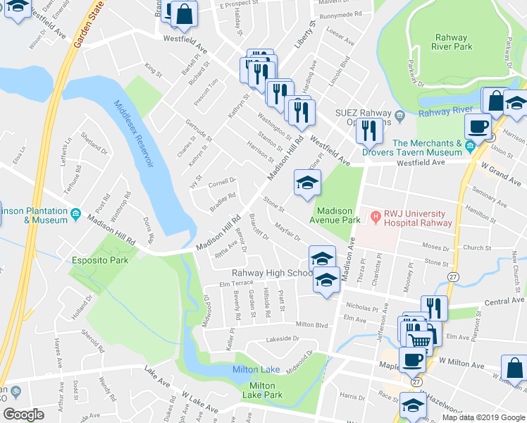 map of restaurants, bars, coffee shops, grocery stores, and more near 1236 Mayfair Dr in Rahway