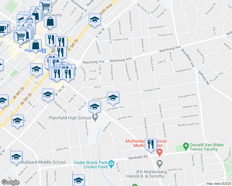 map of restaurants, bars, coffee shops, grocery stores, and more near 977 Prospect Avenue in Plainfield