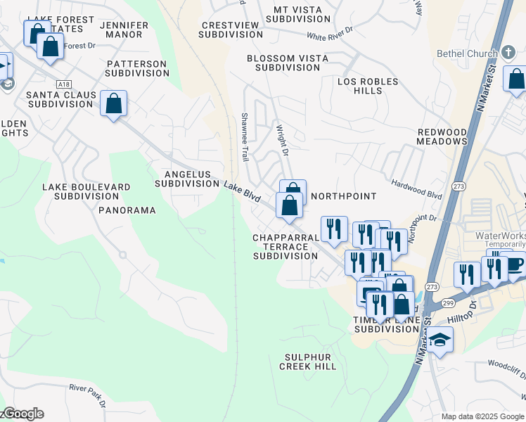 map of restaurants, bars, coffee shops, grocery stores, and more near 527 Buckeye Terrace in Redding